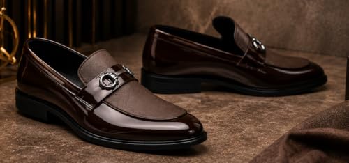 Image of Men's Formal Dual-Texture Loafer, Slip-On Dress Shoe, Patent and Matte Finish, Metallic Bit Detail, for Black-Tie Events and Festive Occasions