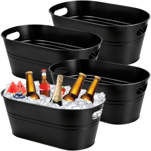 OBTANIM 4 Pack 4 Gallon Galvanized Ice Buckets Metal Champagne Drink Cooler Ice Tub with Carry Handles for Beer Cocktails Wine Beverage Home Parties Bar Cooling Supplies (Black)