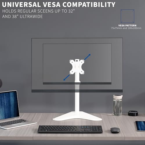 Image of VIVO Single Monitor Desk Stand, Holds Screens up to 32 inch Regular and 38 inch Ultrawide, Freestanding VESA Steel Mount Base, Adjustable Height, Tilt, Swivel, Rotation, White, STAND-V001HW