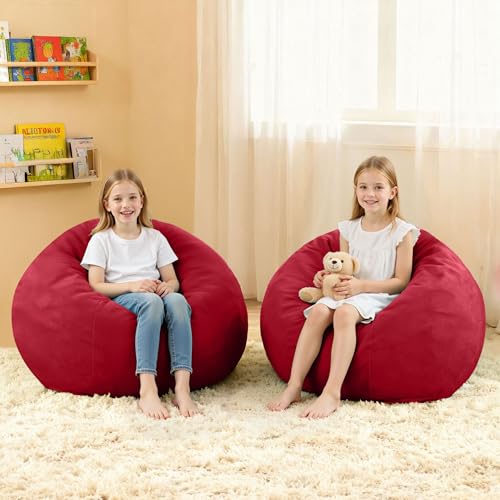 Image of HABUTWAY 2FT Bean Bag Chair 2-Pack, 2' Beanbags Small Bean Bag Chairs with Filling, Teardrop Bean Bag Chair Luxurious Velvet Ultra Soft Fur with Removable Cover(Red)