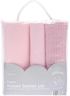 COUNTRY CLUB Soft, Cosy and Easy Care 3 Piece Baby Moses Basket Set - Cellular Blanket/Polar Fleece Blanket/Fitted Sheet - Newborn Baby Gift Idea - White, Blue or Pink (Pink)