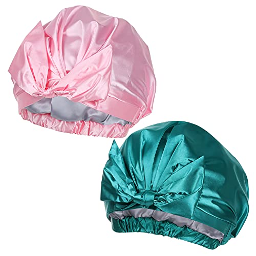 2 Pieces Shower Cap For Women Double Layers Waterproof Reusable Turban Shower Cap,Silky Satin Lined Shower Cap For Long Hair Large Turban Adjustable Bath Cap Dark Green &Pink
