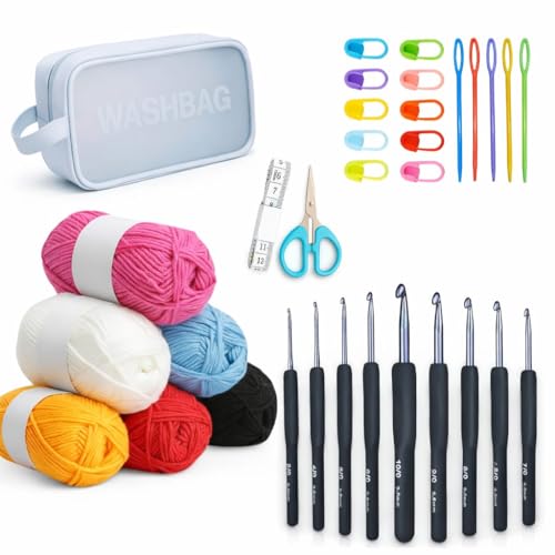 Image of Crochet Set, Premium Crochet Kit for Beginners - 9 Ergonomic Crochet Hooks Set (2.0-6.0mm), Soft Yarn Balls, Stitch Markers, Yarn Needles, Scissors, Measuring Tape & Storage Bag - Knitting Starter Kit for Adults & Kids