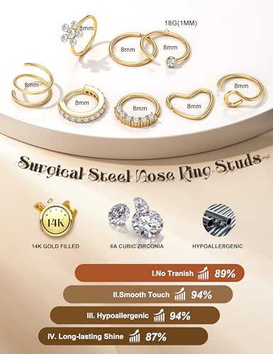 THUNARAZ 18g 20g Hypoallergenic Stainless Steel Nose Rings Hoop L Shape Nose Studs Cute Heart Square CZ Nose Bone Screw Nostril Piercing Jewelry for Women Men Silver 14K Gold Filled2