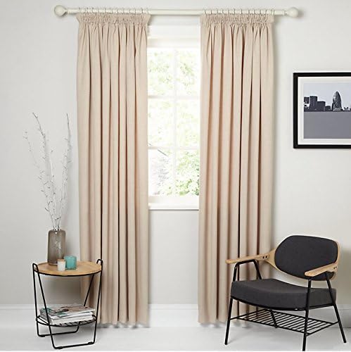 Thermal Pencil Pleat Blackout Tape Top Pair of Curtains With Free Tiebacks (66" X 72", Cream Natural Beige)