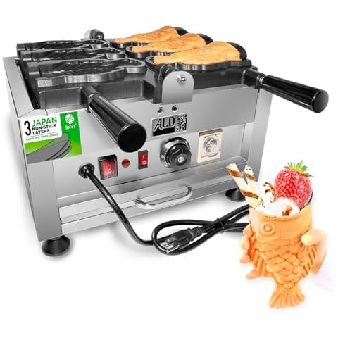 ALDKitchen Taiyaki Fish Waffle Maker | Fish-Shaped Waffle Iron | Stainless Steel | Nonstick | 110V (3 Open-Mouth Fish Waffles) Cover