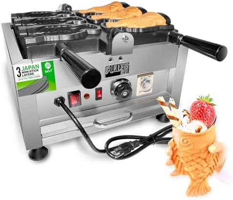 ALDKitchen Taiyaki Fish Waffle Maker | Fish-Shaped Waffle Iron | Stainless Steel | Nonstick | 110V (3 Open-Mouth Fish Waffles)
