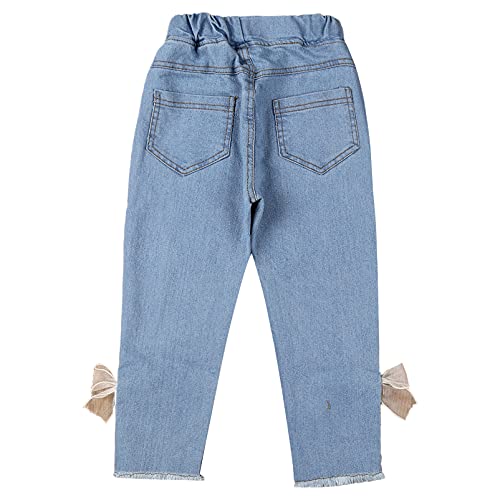 Toddler Kids Girls Split Hem Jeans Lace Bowknot Decor with Tassel Elastic Waist Denim Pants4