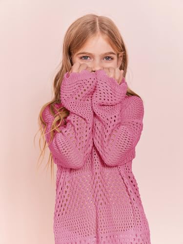 Image of Batermoon Girls Crochet Long Sleeve Swimsuit Cover Up Kids Fashion Hollow Out Swimwear Beach Dress 5-14 Years