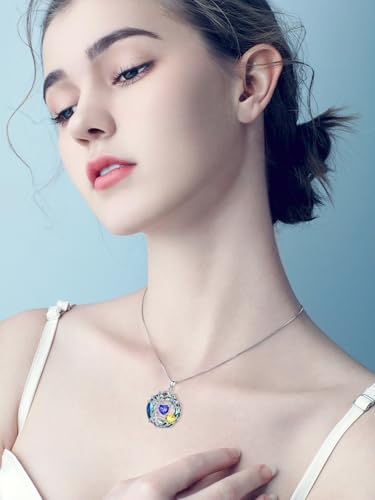 TOUPOP s925 Sterling Silver Family Celtic Tree of Life Pendant Necklaces with 2 Heart Birthstone with Blue Austrian Crystal Jewelry Birthday Anniversary Christmas Gifts for Her Wife Girlfriend Mom (18K Real White Gold Filled)3