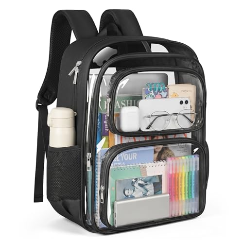 Mieakvool Clear Backpack, Fabric & PVC Clear Bookbag Heavy Duty Transparent Bag Large Capacity See Through Backpack with Thickened Shoulder Straps for College Work Travel Security, Black