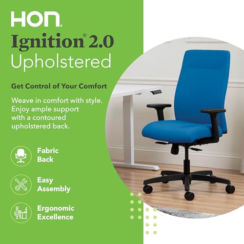 Image of HON Ignition 2.0 Ergonomic Office Chair with Adjustable Arms, Standard Synchro‑Tilt Recline, Upholstered Desk and Computer Chair for Home Office or Workstation, Black Frame, Peacock
