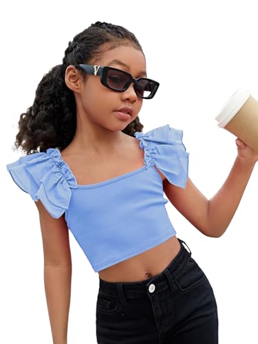 Image of WDIRARA Girl's Ruffle Trim Bow Back Tiered Layer Square Neck Wide Strap Slim Fit Crop Cami Top