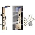 BATHLAVISH LED Gold Shower Tower 304 Stainless Steel Shower Panels With Storage Shelf Shower System with Rainfall Shower Head Bundle with Bathroom Hardware Set 5 Pieces 24" Towel Bar Holder Set