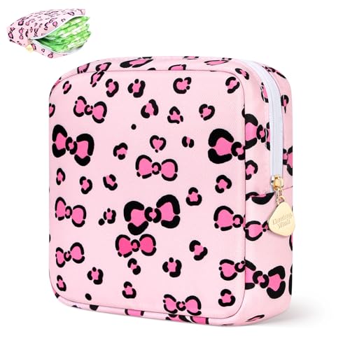 Image of Sanitary Pad Storage Bag Portable Period Bag for Teen Pads /Sanitary Napkins /Small Tampons, Sanitary Napkin Storage Bag First Period Gifts for Teen Girls (Leopard Print Bowknot)