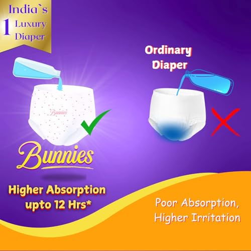 Image of Bunnies Premium All Night Absorb Pant Style Baby Diapers, Extra Large (XL) Size 12-18kg, Pack of 25 Ultra Soft Babies Diapers with Leakage Guard & Anti-Bacterial with 12 Hours Absorption