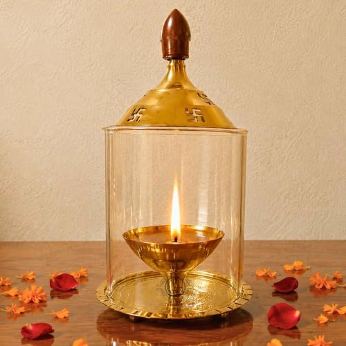 Image of DSH Brass Akhand Diya Decorative Brass Glass Oil Lamp and Tea Light Holder for Diwali Pooja and Gift Item. (S)