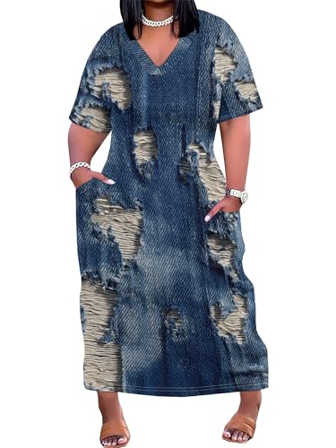 Image of SUZONANA Womens Plus Size Denim Print Maxi Dresses Casual Jean Look Dress