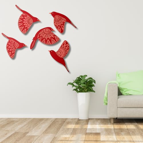 Image of GiftOday Wooden 3D 5 Pieces Birds for Wall Art Panel | Wood Bird Folk Art Wall Hanging Art Decoration Item for Living Room, Bedroom, Drawing Room, Dining Room & Office (Red) Pack of 1