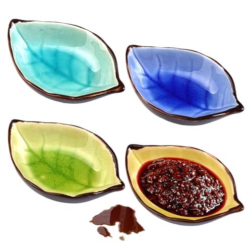 4 Piezas Cuencos Aperitivos Ceramica, 10.8x7x2.8 cm Cuencos para Salsa de Soja, Platos de Salsa de Cerámica, Cuencos Pequeños en Forma de Hoja para Condimentos, Especias, Nueces, Frutas, Bocadillos