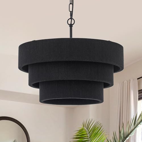 ELYCCUPA 20” Boho Hand Woven Rattan Chandelier Modern 3 Round Adjustable Coastal Pendant Light for Kitchen Island Dining Living Room, Black, UL Listed