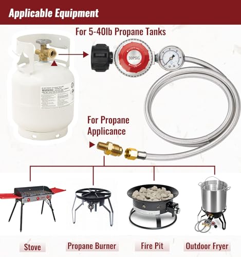 CALPOSE 5FT High Pressure Propane Regulator Hose with Gauge, 0~30PSI Adjustable Propane Tank Regulator, Stainless Steel, Fit for Turkey Fryer,Fish Fryer,Propane Burner,Fire Pit, Forge, and More