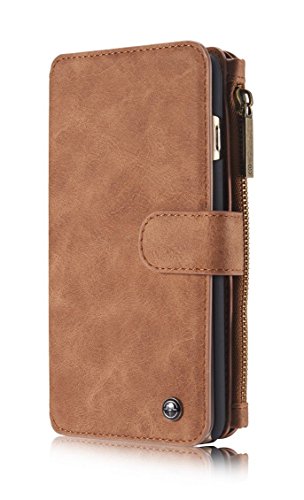 Detachable iPhone 6 Plus / iPhone 6s Plus Wallet Case Multi function Zipper Premium PU Leather Folio Wallet Flip Case Cover with 14 Card Slot, Built-In Card Slots Magnetic Purse Clutch Caramel Brown