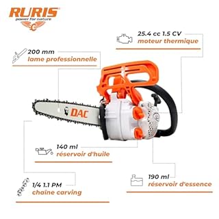 RURIS Tronçonneuse Thermique DAC 205RS, Moteur 2 Temps 1,5 CV TEZ, 25,4 cc, Guide 200 mm, Chaîne 1/4-1.1 - Démarrage Easy Start, Outil Léger et Précis pour Sculpture et Bricolage