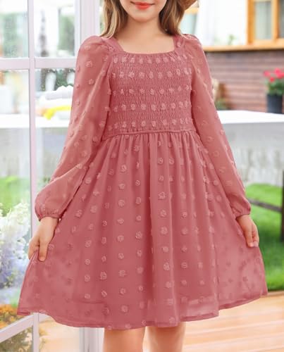 HOSIKA Girls Long Sleeve Dress Swiss Dot Square Neck Smocked Fall Dresses with Pockets 6-12 Years3