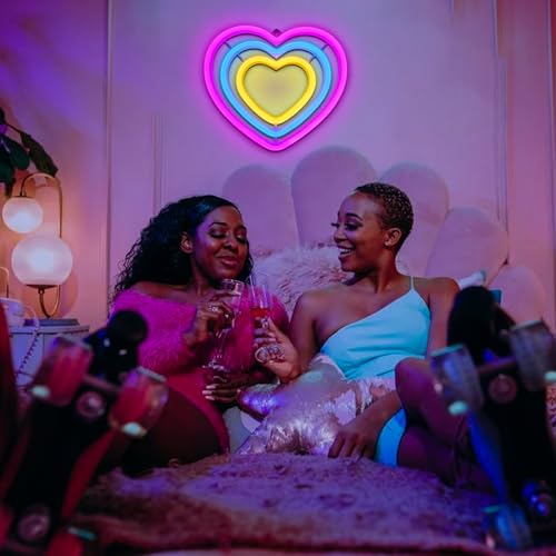 Image of ENUOLI Pink Heart Neon Sign, Rainbow Heart LED Neon Light for Home Decor | Battery /USB Operated Heart Decorations Lamp Night Lights for Valentine's Day,Birthday,Party,Christmas,Girls,Lover,Teens Gift