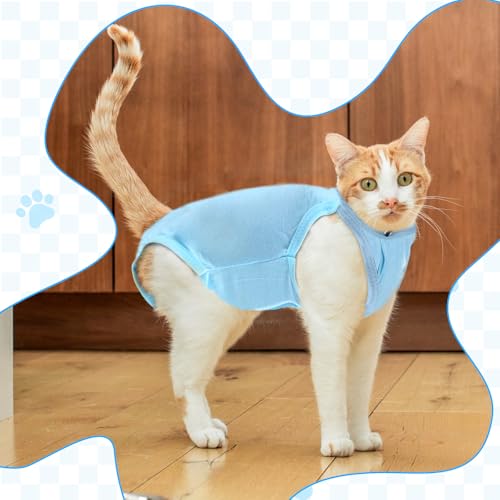 Traje de recuperación de gato L en algodón azul con cuello ajustable para postoperatorio 7