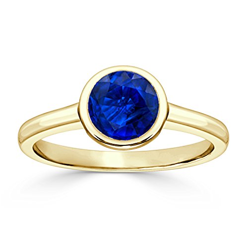 Diamond Wish 14K Yellow Gold Round Bezel-Set Blue Sapphire Gemstone Engagement Ring (1/4-1cttw) Size 4-9