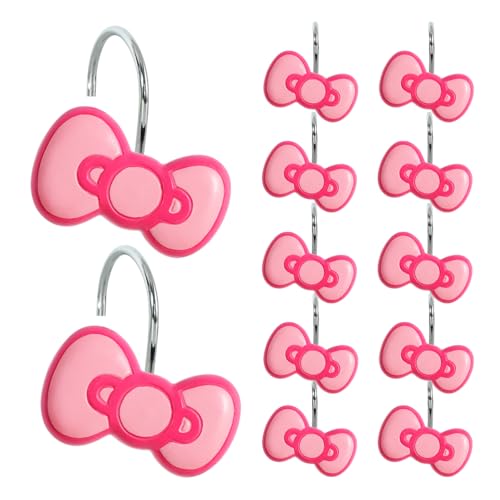 CTOHN 12-Piece Pink Bow Shower Curtain Hooks Cute Stainless Steel Decorative Shower Hangers Rings for Bathroom Decor