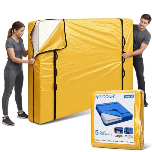 TICONN Mattress Bags for Moving, Heavy Duty Twin XL Mattress Cover Storage Bag with Full-Around Handle and Adjustable Buckles (Yellow, Twin XL)