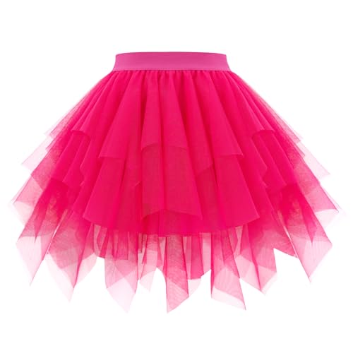 OBBUE Damen Karneval Tüll Rock 1950er Rockabilly Petticoat Tütü Rock Ballett Tütüs für Christmas Party Abschlussfeier Fuchsia L