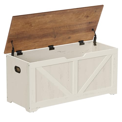 VASAGLE Storage Chest Storage Bench with 2 Safety Hinges Farmhouse Style 15.7 x 39.4 x 18.1 Inches for Entryway Bedroom Living Room Honey Brown and Rustic White ULSB060WJ01S