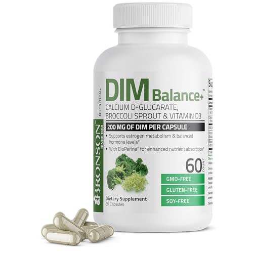 Bronson DIM Balance+ Calcium D-Glucarate Broccoli Sprouts and Vitamin D3 200 MG of DIM per Capsule Supports Estrogen Metabolism and Balanced Hormone Levels Non-GMO 60 Vegetarian Capsules