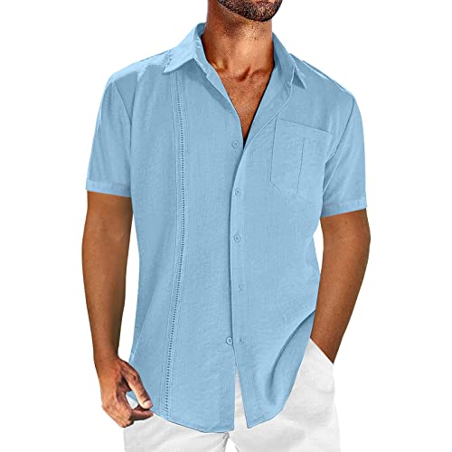 Camisa De Lino Cubana Guayabera para Hombres Camisa De Manga Corta De Bolsillo De Encaje Casual De Color Sólido En Verano Azul M