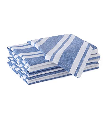 Encasa XO Cotton Cloth Napkins Set of 6, 17x17 | Washable & Reusable Dinner Napkins White & Franca Blue Stripes Table Napkins for Farmhouse, Wedding, Holiday, Party & Everyday Dining
