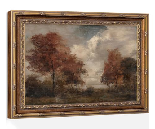 Vintage Autumn Landscape Wall Art Gold Frame, Rustic Fall Trees Print