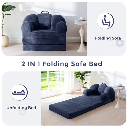 Image of MAXYOYO Folding Sofa Bed, Floral-Shaped Convertible Floor Sofa Couch with Backrest, 2 in 1 Comfy Lounger Bean Bag Chair with Handle, Floor Single Couch for Living Room Bedroom, Navy