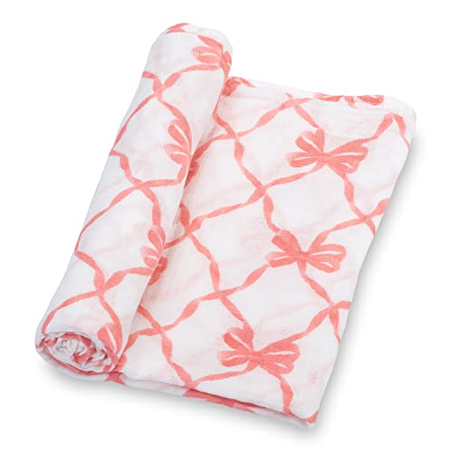 Image of LollyBanks Baby Blankets, 100% Muslin Cotton Swaddle Blanket for Girls, Soft and Large 47 x 47 Inches Newborn Swaddle, Breathable Baby Receiving Blankets, Registry (Pink Bow Print)