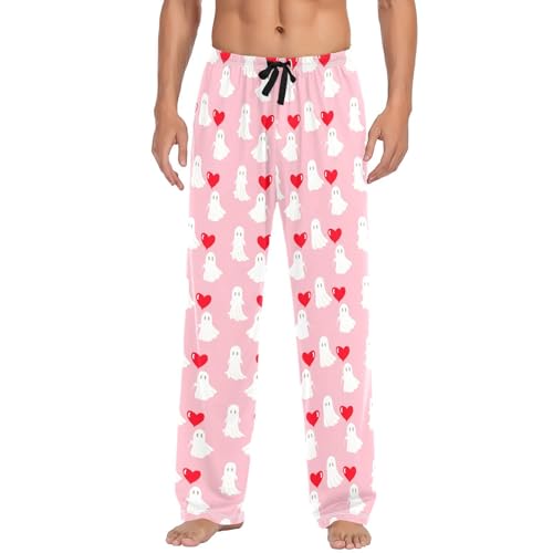White Spirits with Hearts Men's Cotton Pajama Pants with Pockets and Drawstring Comfortable and Stylish,S2