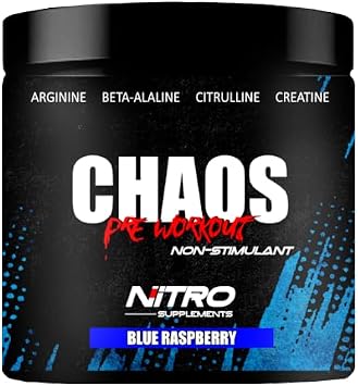 Nitro Supplements - Chaos - Non Stim Pre-Workout 30 Sevings Beta-Alanine, L-Citrulline, Arginine, Creatine, Taurine Stim-Free Non-Stimulant 30 Servings, Blue Raspberry
