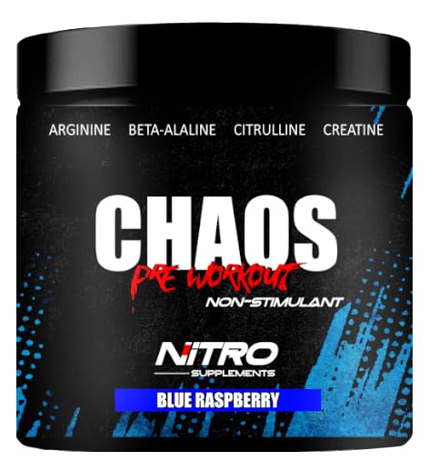 Image of Nitro Supplements - Chaos - Non Stim Pre-Workout (30 Sevings) Beta-Alanine, L-Citrulline, Arginine, Creatine, Taurine Stim-Free Non-Stimulant (30 Servings, Blue Raspberry)