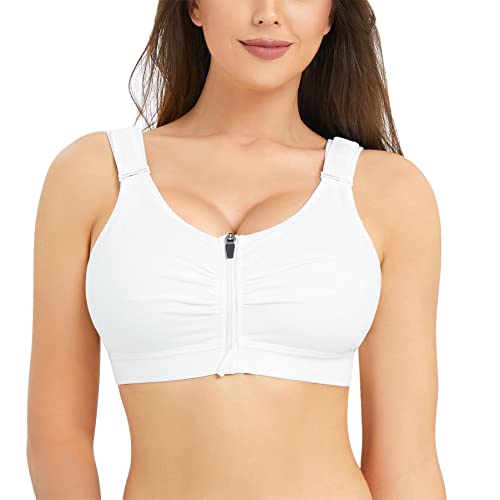 Brabic Zip Front Closure Everyday Bra For Women Post Surgery Compression Support With Adjustable Straps Wirefree White #TOP23