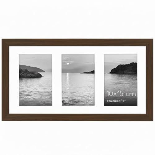 Americanflat Cadre Photo 10x15 cm Noyer - Cadre Pêle-Mêle 20x36 cm sans Passe-Partout ou avec Passe-Partout pour Trois Photos 15x10 cm avec Verre...