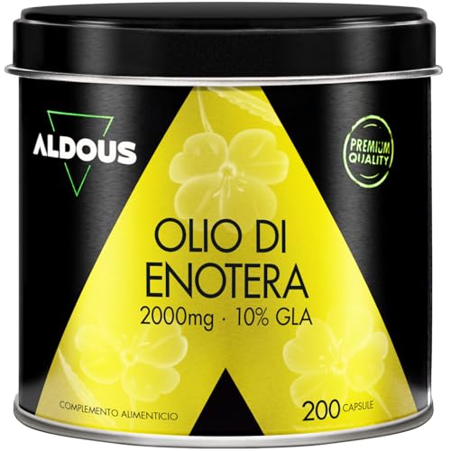Olio di Enotera 2000mg - 200 Perle con Omega 6, 10% GLA - Evening Primrose Oil Spremuto a Freddo - Integratore Menopausa - Per Sindrome Premestruale, Antiossidante - Vegano, Senza Additivi - ALDOUS