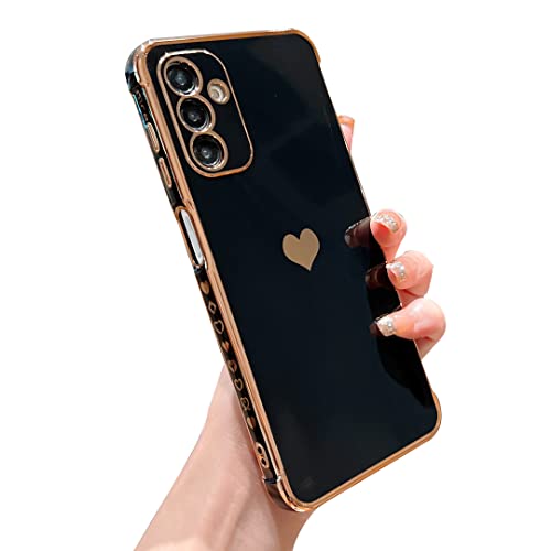 phylla Compatible with Samsung Galaxy A15 4G/5G 6.5” Phone Case,Luxury Plating Cute Love Heart Side Small Pattern Case Camera Protection Soft Silicone Shockproof Electroplated Bumper Cover (Balck)
