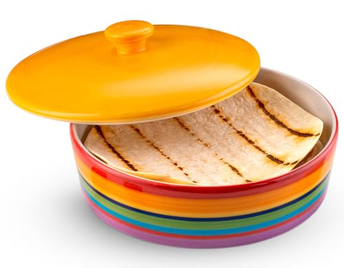 Kook Ceramic Tortilla Warmer, Hand Painted, with Lid, Rainbo...